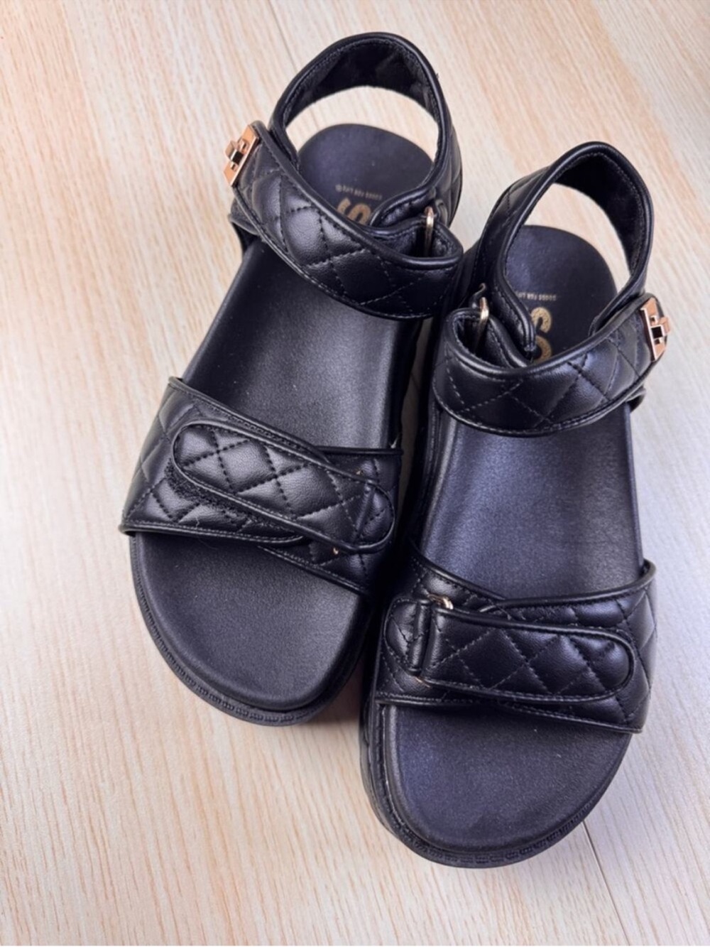 NWOT Black Quilted Chunky Platform Sport Sandals Gold Hardware